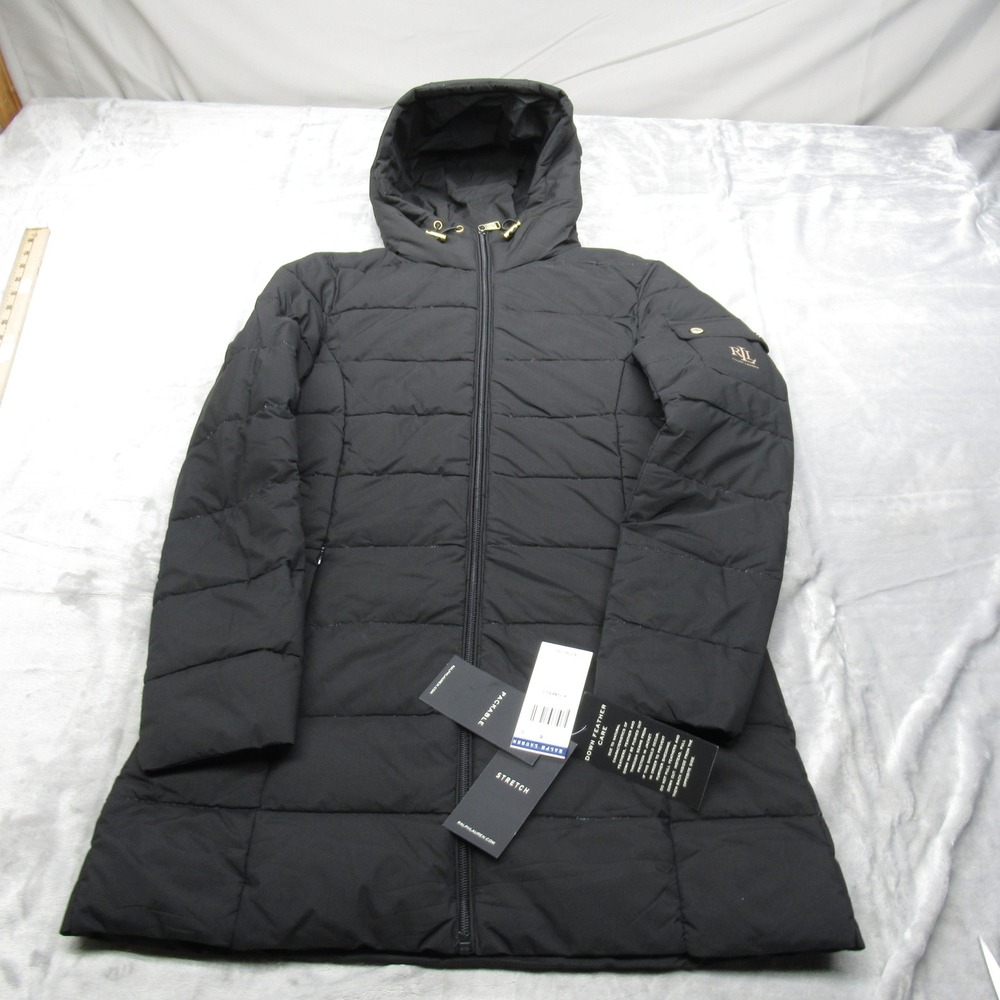 Ralph Lauren Down Jacket Womens XS Black Packable Lightweight Hooded Stretch NWD